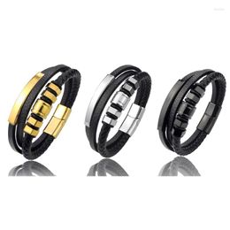 Bangle Black Leather Bracelets For Men Women Multilayer Wristband Stainless Steel Beads Magnet Braided 40GB