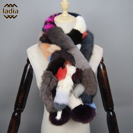 Scarves Winter Ladies Russian Women Genuine Long Scarf Warm Real Rabbit Fur Muffler Knit Fluffy Pompoms Natural 230818