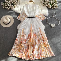 Basic Casual Dresses Summer Women White Black Flower Print Pleated Dress With Sashes Mid-Length Round Neck Half Sleeve Elegant Ladies Dresses Vestido 2024