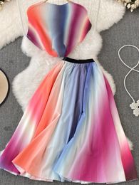 Work Dresses Women Summer Casual Elegant Skirts Suit Fashion Vintage Shirts Tops A-Line Colourful Pleated Saya 2 Pieces Female Slim Outfits