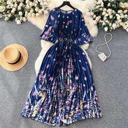 Basic Casual Dresses Elegant Mid-length Pleated Dress With Belt Women Fashion Flower Printing High Waist O-neck Half Sleeve Summer Dresses Vestidos 2024