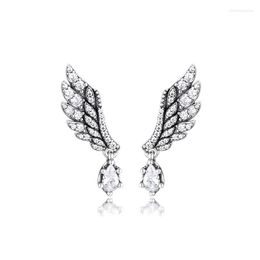 Stud Earrings Authentic 925 Sterling Silver Dangling Angel Wing For Women Clear CZ Ear Brincos Original Jewellery Wholesale