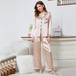 Women's Sleepwear Long Sleeved Pants Pajama Two-piece Cardigan Satin Tshirt Tops With Home Wear Casual Conjuntos Para Mujer