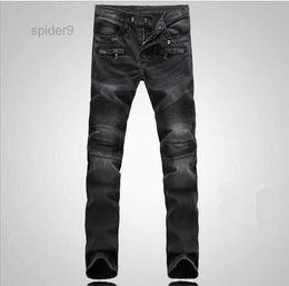 Fashion Men's Foreign Trade Light Blue Black Jeans Pants Motorcycle Biker Men Washing to Do Old Fold Trousers Casual Runway Denim SUEX