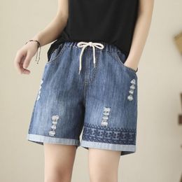 Active Shorts Women Summer National Wind Embroidery Sloping Thin Loose Old Slim Fit Pants Denim Knit Womens Jean Overalls