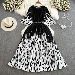 Basic Casual Dresses Fashion Print Mid-Length Ladies Black Dress With Sashes Summer Vestidos Round Neck Flare Sleeve Women Elegant Pleated Dresses 2024