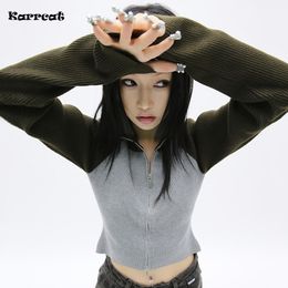 Women's Knits Tees Karrcat Grunge Patchwork Turtleneck Cardigans Vintage Knitted Coat Gothic Harajuku Ribbed Knitwear Korean Fashion Streetwear Y2k 230816