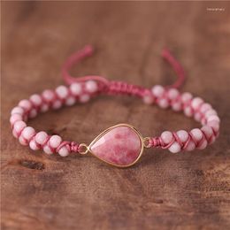 Charm Bracelets Rhodonite Teardrop Braided Pink Opal Beads Bohemian Gemstone Cord Macrame Bracelet Women Jewellery Drop