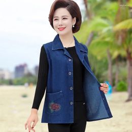 Women's Vests Loose Size For Women Fashion Embroidery Denim Vest 2023 Autumn Jeans Jacket Middle-Aged Elderly Thin Sleeveless Waistcoat