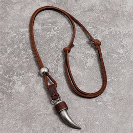 Pendant Necklaces Horn Necklace Men Brown Leather Rope Jewellery Manmade Ethnic Charm Accessories Drop