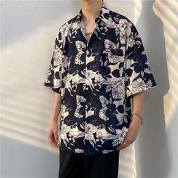 Men's Casual Shirts Summer Printing Short Sleeve Shirt Men Fashion Society Mens Dress Korean Loose Ice Silk Hawaiian