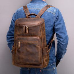 Backpack Large Capacity Laptop Leather Men Male Soft Cowskin Backpacks Travel Bag Crazy Horse Retro Fashion Design 15.6"