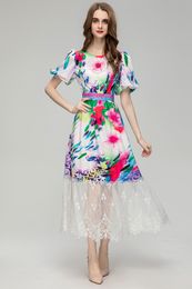 Designer Dress 2023 Autumn/Winter Halloween New Short Sleeve Flower Bead Splice Slim Fit Dress S-XL