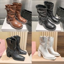 New Designer Boots Women Martin Boots High Platform Brown Leather Knight Boots Round Toe Chunky Heel Belt Buckle Trim Shoes size 35-40 With Box