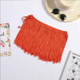 Cover-up 2022 Summer New Women's Swimsuit Beach Skirt Knitted Hand Crochet Long Fringed Sexy Grass Skirt Bikini with Solid Colour Miniskir