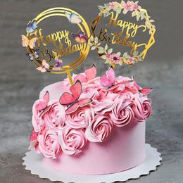 Other Event Party Supplies style cake decoration color printing happy birthday card insert acrylic light flowers Birthday 230818