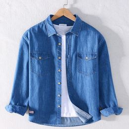 Men's Casual Shirts Men Denim Shirt Two Front Pockets Long Sleeved Turn-down Collar Autumn Male