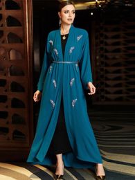 Ethnic Clothing Siskakia Hand Sew Feather Rhinestone Kimono Abaya For Women Corban Eid Al Adha 2023 Arab Moroccan Dubai Belted Cardigan Robe