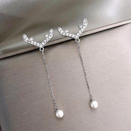 Stud Earrings Exquisite Silver Colour Antler Shape For Women Girl Korean Cute Rhinestone Tassel Pearl Christmas Jewellery