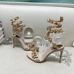 Rene Crystal lamp Snake Strass Sandals Women's Large grain crystal decoration high sandals Luxury Designers Ankle Wraparound shoe for women factory