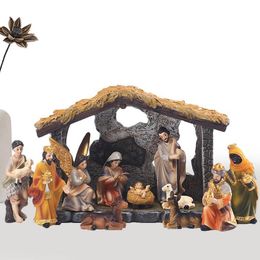 Decorative Objects Figurines Nativity Scene Sets 12pcs Resin Handpainted Holy Family Crafts Statue Decor Home Living Room Church 230818