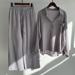 Women's Two Piece Pants Shirt Trousers Set High Waist Summer Top Suit Turn-down Collar Loose Type Fabulous Wide Leg Long Sleeves T-shirt
