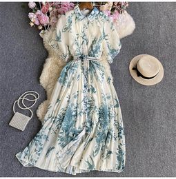 Basic Casual Dresses Spring Summer Women Tie-dye Chiffon Pleated Dress With Belt Elegant Vestidos Lapel Single-breasted Short Sleeve Ladies Dresses 2024