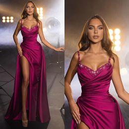 Rosy Pink Evening Dresses Straps Party Prom Pleats Split Formal Long Red Carpet Dress For Special Ocn