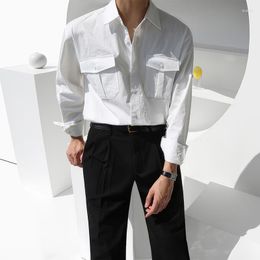 Men's Casual Shirts Brown White Long Sleeved Shirt Men Fashion Society Mens Dress Korean Loose Oversized Pocket M-2XL