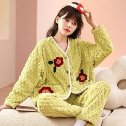 Women's Sleepwear 2023 Pajama Ladies Winter Autumn V-neck Plus Velvet Thickening Cartoon Cute Sweet Leisure Wear Can Home Clothes