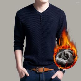 Men's Sweaters Male Slim Fit Sweater Stylish V-neck Knitwear Warm Fleece Lining Button Decor Solid Color For Autumn Winter Men Pullover