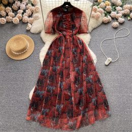 Basic Casual Dresses Summer Summer Red Floral Printed Chiffon Dress Women Ruffle Stitching Round Neck Short Sleeve High Waist Ladies Dresses Vestidos 2024