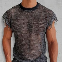 Men's T Shirts European American Men Sleeveless T-shirt Perspective Hollowed Casual Sexy Tassel Mesh Transparent Tank Top Round Neck