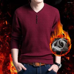 Men's Sweaters Men Solid Color Sweater Winter Stylish V-neck Knitwear Warm Fleece Lining Button Decor For Autumn