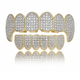 Hip Hop Full zircon braces Dental Teeth Grillz Gold Silver Grills Teeth Set Fashion Jewellery High Quality Six 6 Top Bottom Tooth Halloween Jewellery 1747