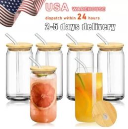 US CA Warehouse 2 Days Delivery 16oz Sublimation Glass Can Tumbler Frosted Cola Can Bamboo Lid Beer Cocktail Cup Whiskey Coffee Mug Iced Tea Jar Mugs 819