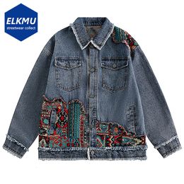 Mens Jackets National Style Denim Jacket Knitted Patchwork Fashion Streetwear Hip Hop Harajuku Loose Casual Blue Jeans Coats 230818