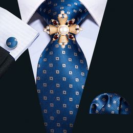 Neck Ties Sapphire Blue Geometric Pattern 100 Silk Men Tie Barry Wang Woven Business Party Necktie Brooch Set Accessories 230818