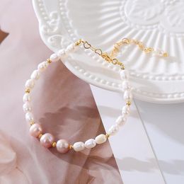 Strand Korean Style Baroque Freshwater Pearl Bracelet For Women Fashion Pink Spliced White Gold Color Jewelry