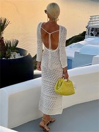 Basic Casual Dresses wsevypo Backless Tie Up Knit Crochet Beach Long Dress Women Fall Spring Hollow-Out O-Neck Wrap Bodycon Dress Holiday Party Wear 230815