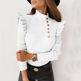 Women's Sweaters Autumn Fashion Elegant Solid Women Turtleneck Buttons Ruffle Knitted Sweater Slim Long Sleeve Tops Office Lady Pullover