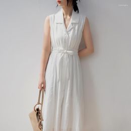 Casual Dresses French White Suit Collar Dress Women's Summer Gentle Style Sleeveless Waist Wrap Show Thin Literary Temperament Mid Length