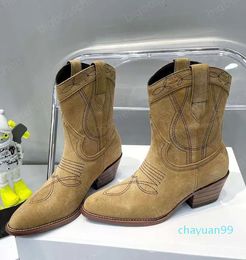 shoes chunky heel Ankle Boots Pointed Toes Western Cowboy Boots carved motorcycle combat boots Arc de Triomphe fashion women's Knight Roman booties