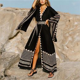 Swimwear 2022 Summer Bikini CoverUps Bohemian Printed Long Kimono Cardigan Chiffon Tunic Women Beach Wear Swim Suit Cover Up