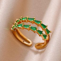 Wedding Rings Double Layer Green Zircon For Women Gold Color Stainless Steel Adjustable Ring 2023 Luxury Aesthetic Jewelry Gift