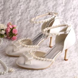 Dress Shoes Custom Handmade Closed Toe Pearl White Heels Wedding Ankle Strap For Bride Satin