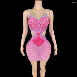 Stage Wear Women Rhinestones Pink Strap Sleeveless Summer Sexy V Neck Evening Celebriate Birthday Dress Nightclub Outfit Show