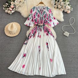 Basic Casual Dresses Mid-Length Flower Print Pleated Dress Women Summer New Fashion Round Neck Half Sleeve With Sashes Ladies Dresses White Vestidos 2024