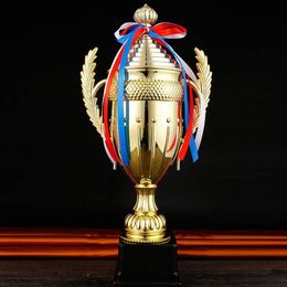 Decorative Objects Large Gold Trophy Cup Custom Colorful Ribbon Award For Sports Tournaments Competitions Soccer Football League Match 230818