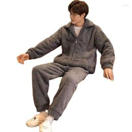 Men's Sleepwear Coral Fleece Pajamas Sets For Men Winter Thicken Warm Male Long Sleeve Homewear Home Clothes Casual Loose Pyjama